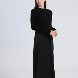 AS woman clothes maxi satin dress / knitted rib dress + knitted cable cardigan Autumn Winter collection