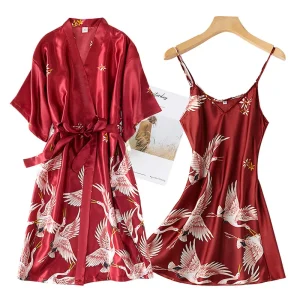 Burgundy Women 2PCS Faux Silk Kimono Robe Gown Sets Print Crane Nightdress &Bathrobe Lingerie Nightgown Summer Sleepwear