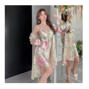 Ladies Spring and Autumn Pajamas Set Long-Sleeved Ladies Halter Nightgown Printed Simulation Silk Halter Nightgown Robe Set