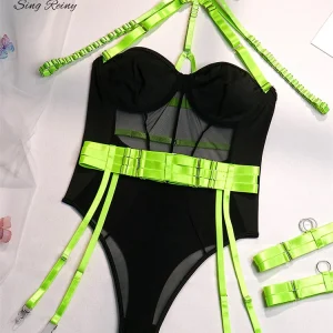 SINGREINY Fashion Halter SheerPlaysuits Women Corset Mesh Underwear Bikini French Erotic Porn Backless Lingerie Bodysuits