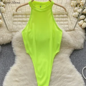 SINGREINY Halter Open Crotch Bodysuits Female Sleeveless Slim Backless Porn Bikini French Solid Thin Slim Beach Playsuits