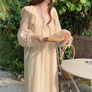 Women's Cotton and Linen Pajamas Dress, Long Sleeve Nightdress, Wooden Ear Design Sense, Home Wear, Can Be Worn outside, Summer