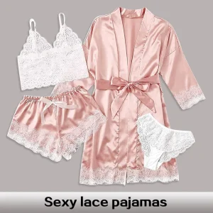 Women's New Fashion 4 Piece Set Pink Lace Satin High Quality Robe Paired With Lace Top And Shorts Women's Robe Pajama Se