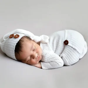 Ylsteed Newborn Photography Jumpsuit Buttons Hat Back Pocket Baby Boy Girl Photo Shooting Clothes Infant Bodysuit